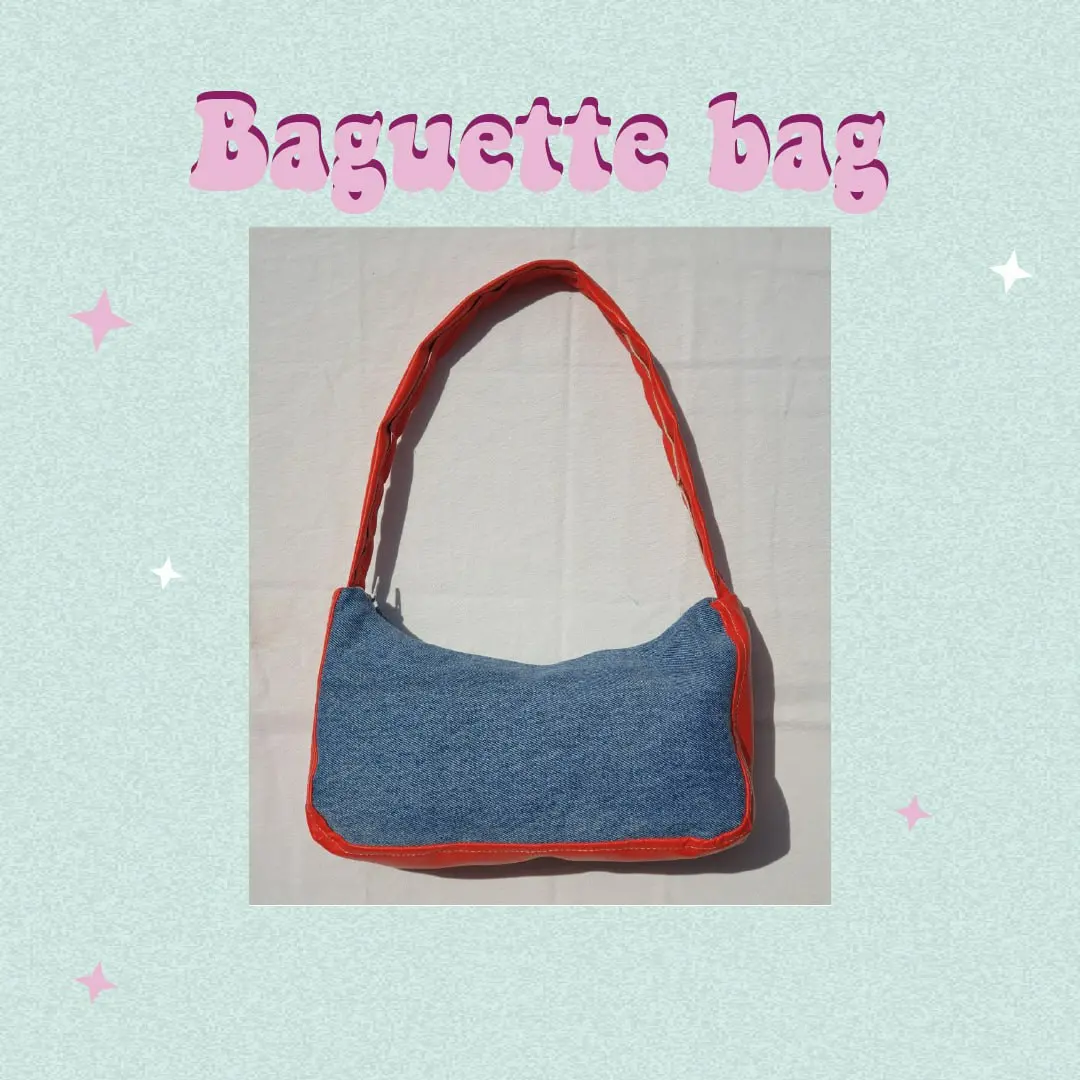 denim and tomato baguette bag